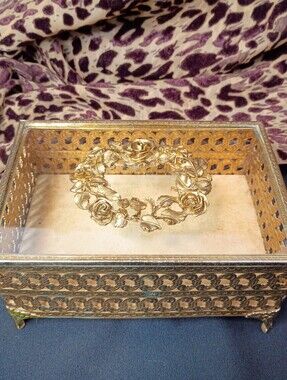 Vintage Gold Filigree Ormalu Vanity Accessory Box